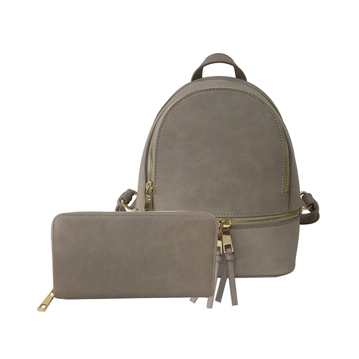 A small Brick synthetic leather backpack with gold-tone hardware, accompanied by a matching wallet. 