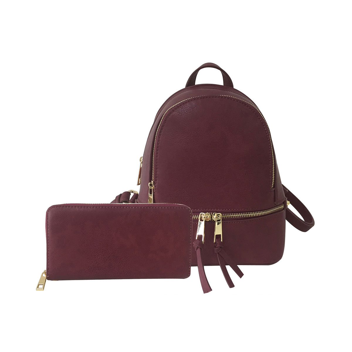 A small Burgandy synthetic leather backpack with gold-tone hardware, accompanied by a matching wallet.