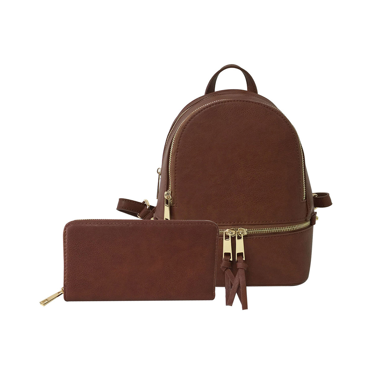 A small Coffee synthetic leather backpack with gold-tone hardware, accompanied by a matching wallet.
