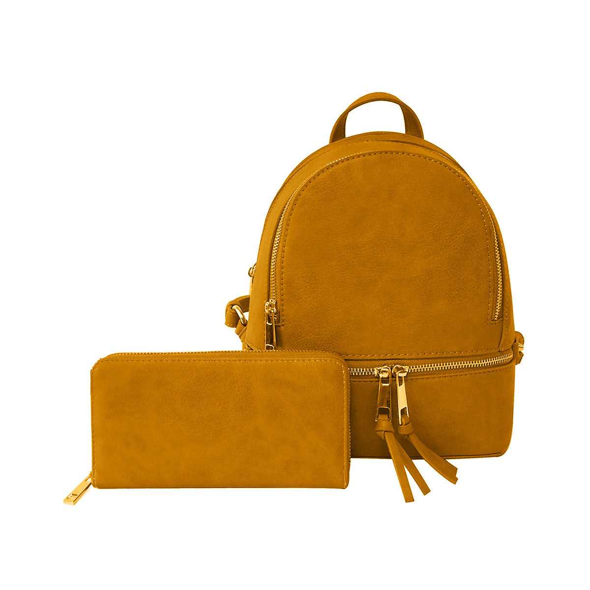 A small Mustard synthetic leather backpack with gold-tone hardware, accompanied by a matching wallet.