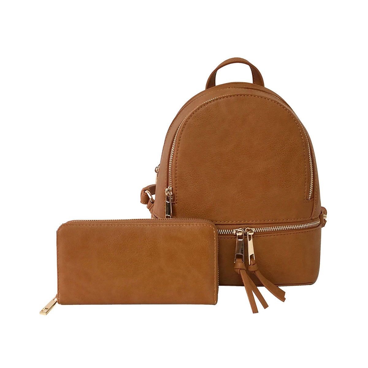 A small Tan synthetic leather backpack with gold-tone hardware, accompanied by a matching wallet.