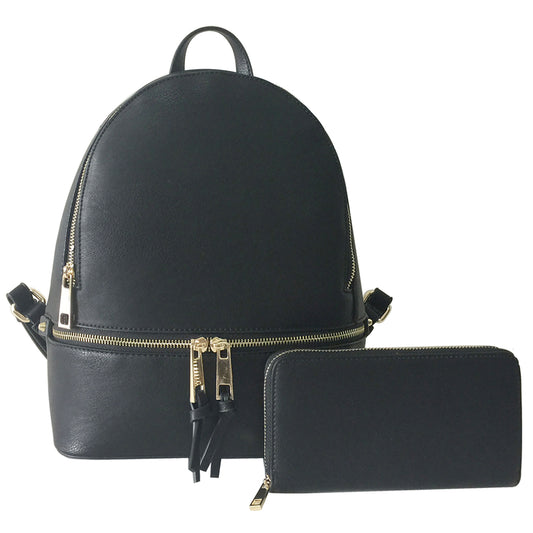 A medium-sized black synthetic leather backpack with gold-tone hardware, accompanied by a matching wallet. 