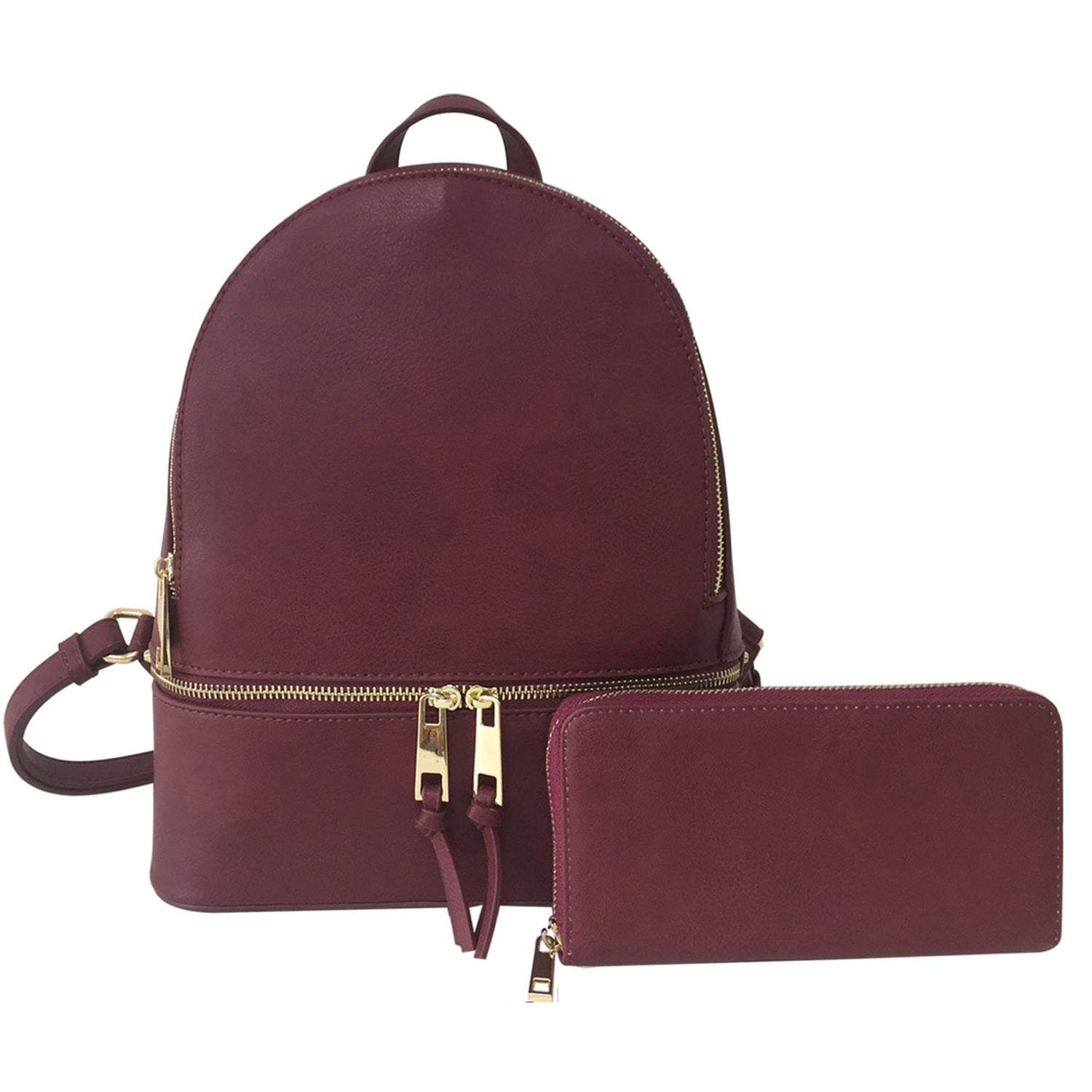 A medium-sized Burgundy synthetic leather backpack with gold-tone hardware, accompanied by a matching wallet. 