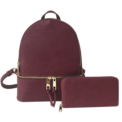 A medium-sized Burgundy synthetic leather backpack with gold-tone hardware, accompanied by a matching wallet. 