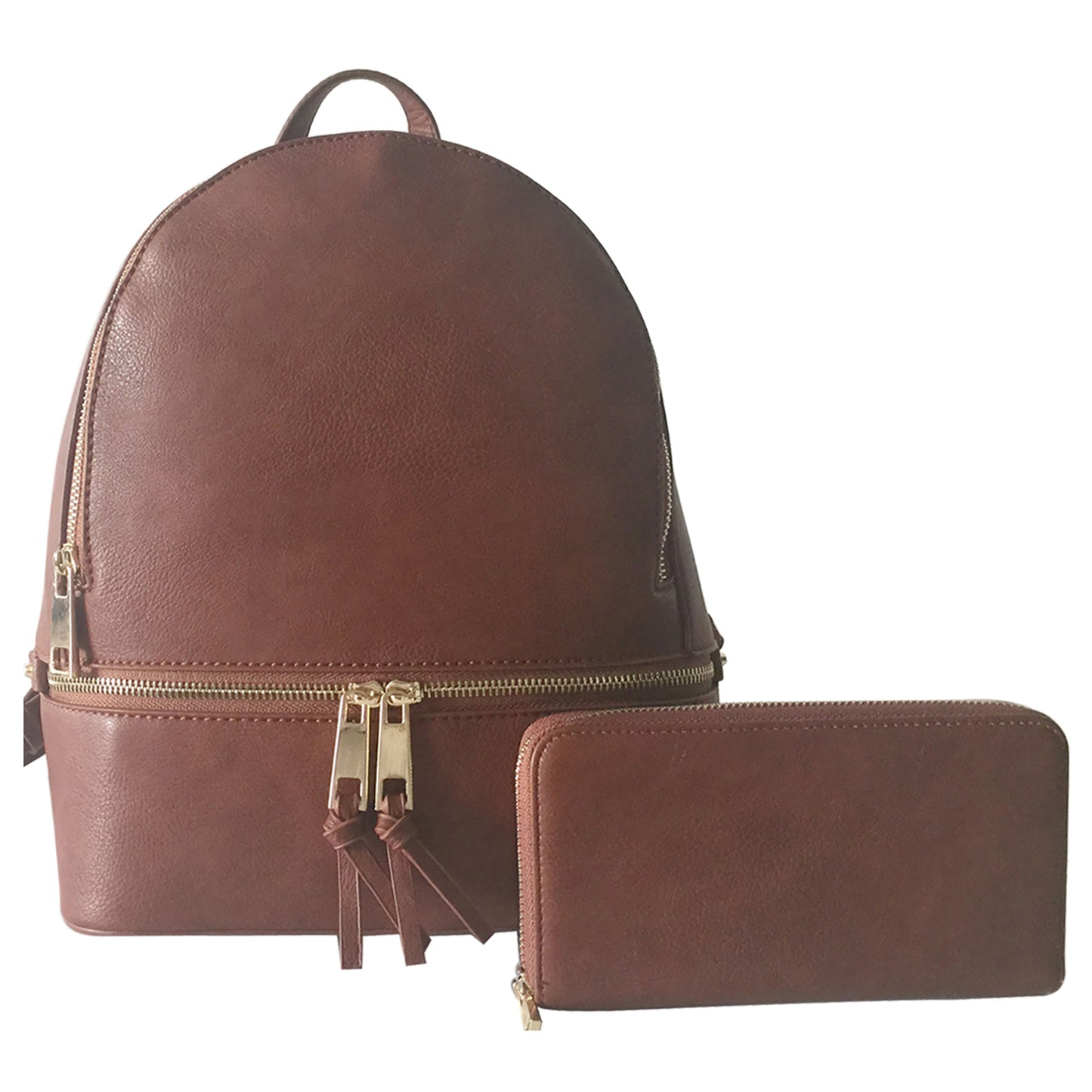 A medium-sized Coffee synthetic leather backpack with gold-tone hardware, accompanied by a matching wallet. 