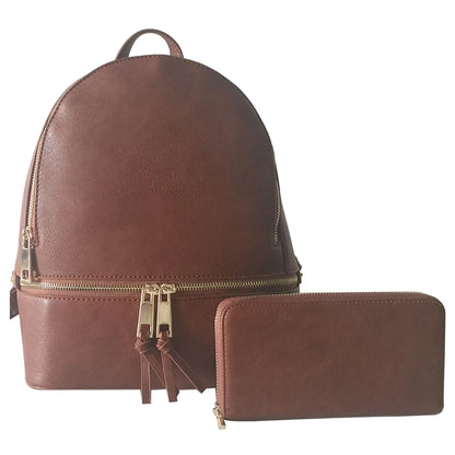 A medium-sized Coffee synthetic leather backpack with gold-tone hardware, accompanied by a matching wallet. 