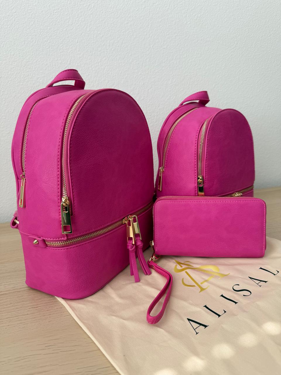 Set of pink backpack(meduim and small) and matching pouch on a light background with 'ALISAL' branding.