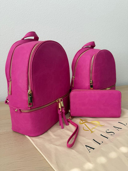 Set of pink backpack(meduim and small) and matching pouch on a light background with 'ALISAL' branding.