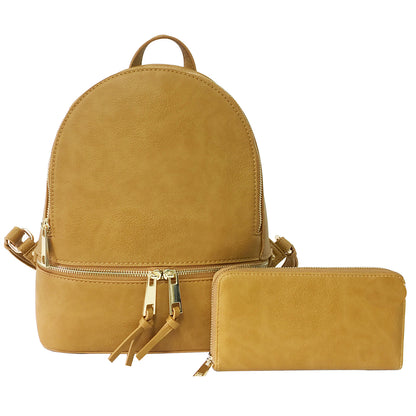 A medium-sized Mustard synthetic leather backpack with gold-tone hardware, accompanied by a matching wallet. 