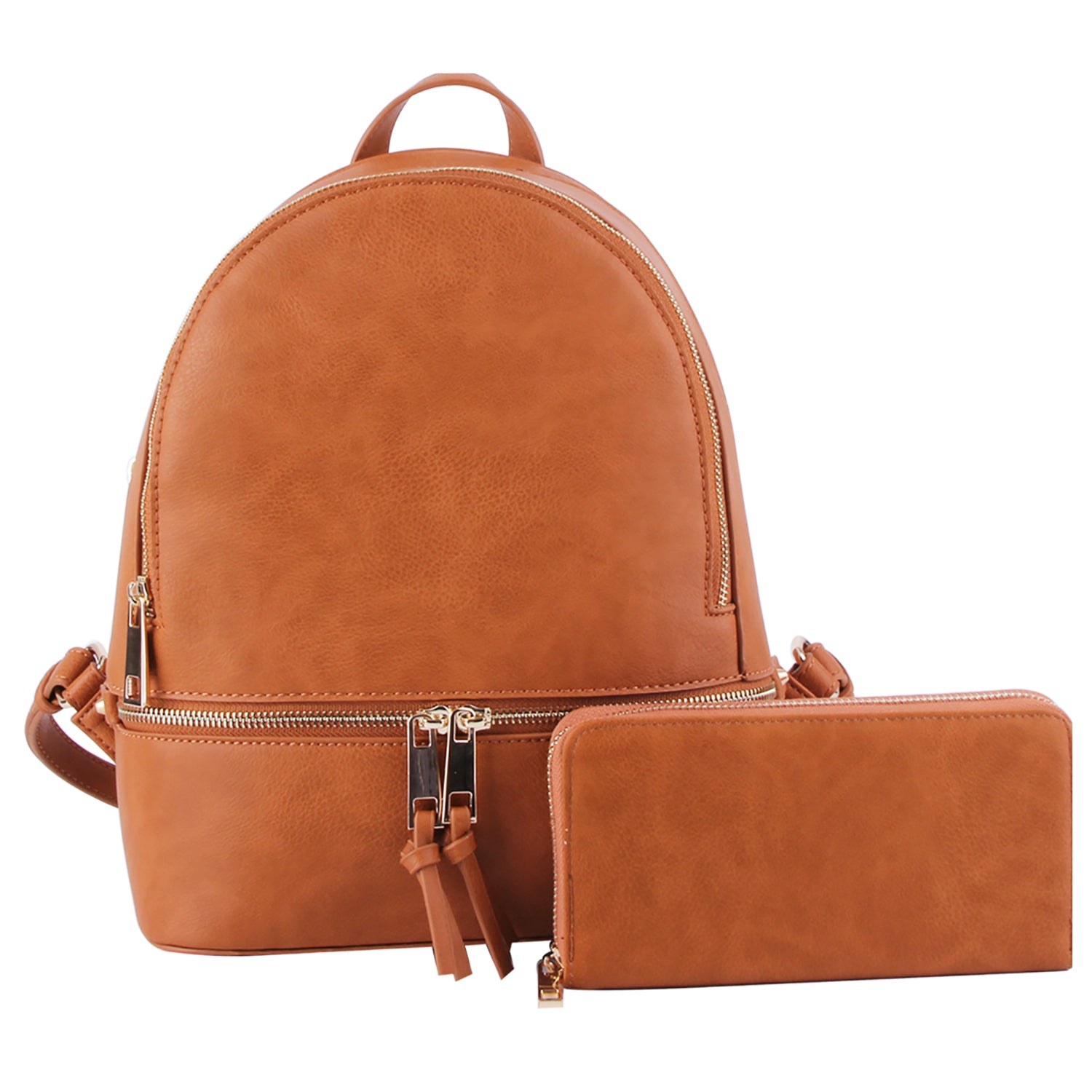 A medium-sized Tan synthetic leather backpack with gold-tone hardware, accompanied by a matching wallet. 