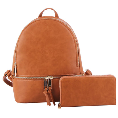 A medium-sized Tan synthetic leather backpack with gold-tone hardware, accompanied by a matching wallet. 